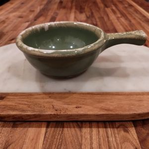 Hull USA Green Vintage Handled Pottery Soup Bowl